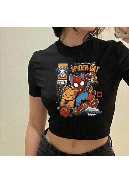 Spider-Cat Baskılı Siyah Crop