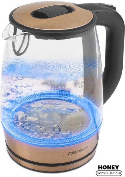 Honey Rose Gold Paslanmaz Çelik 2200 Watt 1.7 Litre Işıklı Cam Kettle Su Isıtıcı