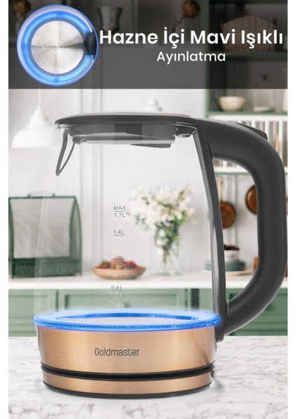 Honey Rose Gold Paslanmaz Çelik 2200 Watt 1.7 Litre Işıklı Cam Kettle Su Isıtıcı fiyatları