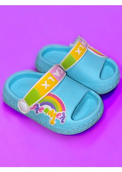 Çocuk Mavi Renk Figürlü Yeezy Önü Açık Kaydırmaz Sandalet Crocs Terlik