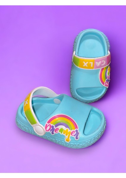 Çocuk Mavi Renk Figürlü Yeezy Önü Açık Kaydırmaz Sandalet Crocs Terlik