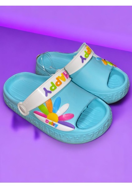 Çocuk Mavi Renk Figürlü Yeezy Önü Açık Kaydırmaz Sandalet Crocs Terlik