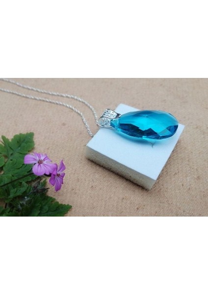 Mücevher Damla Taşlı Mavi Topaz Damla Kadın Kolye