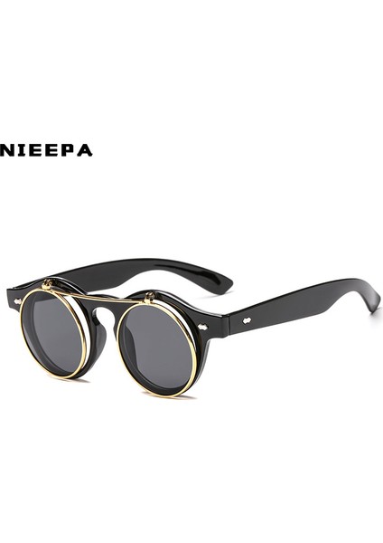 Erkekler/kadınlar Vintage Yuvarlak Steampunk Flip Up Güneş Gözlüğü Klasik Çift Katmanlı Kapaklı Tasarım Moda Güneş Gözlükleri (Yurt Dışından)