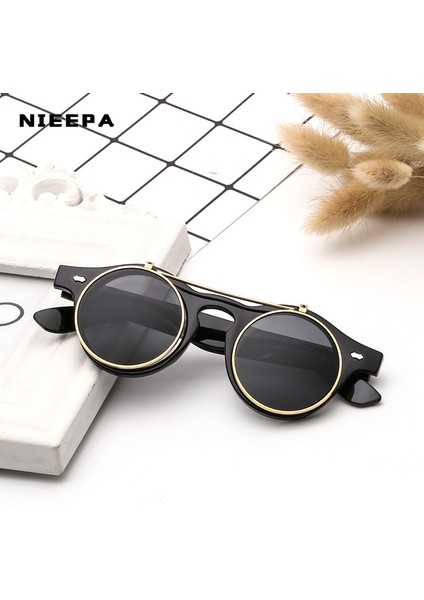Erkekler/kadınlar Vintage Yuvarlak Steampunk Flip Up Güneş Gözlüğü Klasik Çift Katmanlı Kapaklı Tasarım Moda Güneş Gözlükleri (Yurt Dışından)