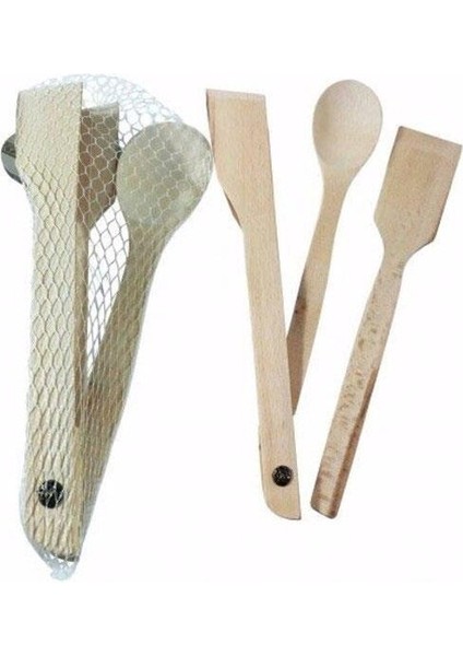 Tezgah Üzeri 3'lü Standlı Ahşap Spatula Kaşık Maşa Seti