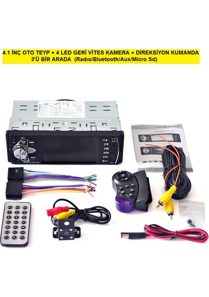 4.1 Inç Oto Teyp + 4 LED Geri Vites Kamera + Direksiyon Kumanda 3'ü Bir Arada(Radıo/bluetooth/aux/micro Sd)
