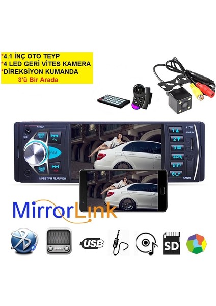 4.1 Inç Oto Teyp + 4 LED Geri Vites Kamera + Direksiyon Kumanda 3'ü Bir Arada(Radıo/bluetooth/aux/micro Sd) fiyatları