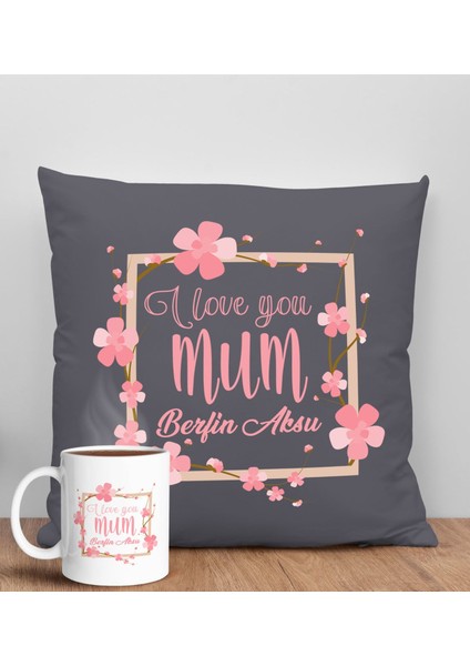 Kişiye Özel Isimli Anneler Günü Tasarımlı Antrasit Kırlent Yastık ve Kupa Seti, Anneye Hediye, Ev Dekorasyonu, Anneler Günü Hediyesi-7