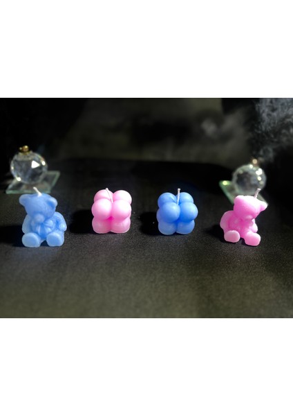 Ayıcık Desenli ve Mini Bubble Mum (Kına, Nişan, Bebek, Organizasyon) 4'lü Set ( Pembe - Mavi )