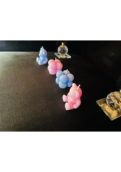 Ayıcık Desenli ve Mini Bubble Mum (Kına, Nişan, Bebek, Organizasyon) 4'lü Set ( Pembe - Mavi )