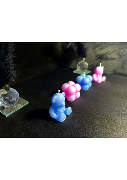 Ayıcık Desenli ve Mini Bubble Mum (Kına, Nişan, Bebek, Organizasyon) 4'lü Set ( Pembe - Mavi )