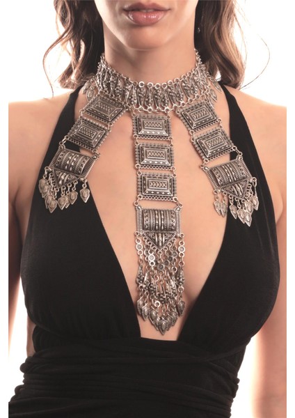 Kadın Antik Gümüş Kaplama Geometrik Parçalı Bohem Kolye