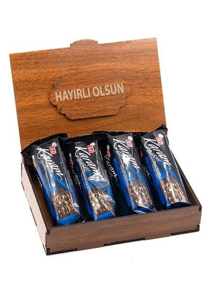 Sevdiklerinize Özel Ahşap Hediye Kutusunda 4 Adet Karam Gurme Bitter Çikolatalı ( Hayırlı Olsun Yazılı )