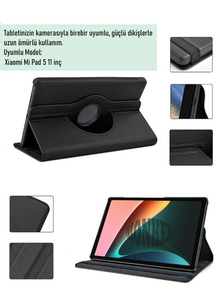 Xiaomi Mi Pad 5 11 Inç Uyumlu Siyah Tablet Kılıfı Dönebilen Standlı Suni Deri