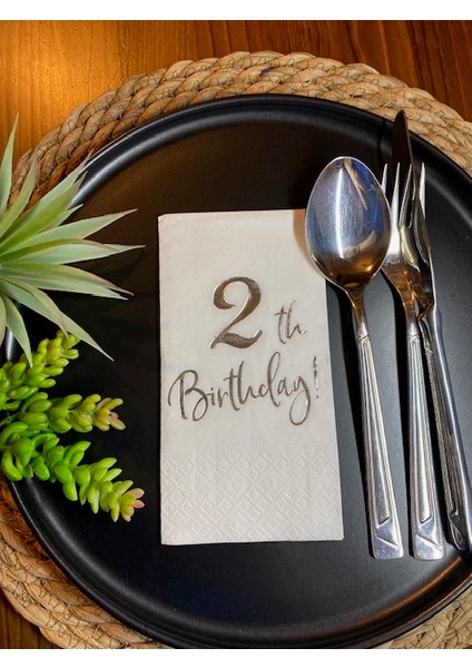 Gümüş Yaldızlı Beyaz Iki Yaş Bırthday Garson Katlama Peçete 16 Lı