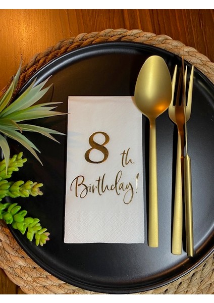 Gold Yaldızlı Beyaz Sekiz Yaş Bırthday Garson Katlama Peçete 16 Lı