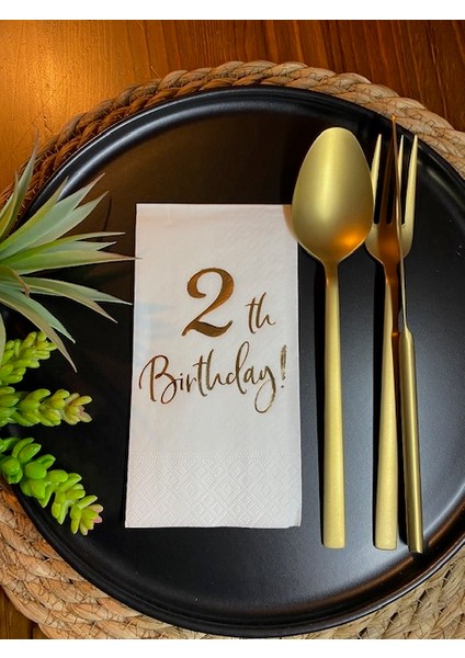 Gold Yaldızlı Beyaz Iki Yaş Bırthday Garson Katlama Peçete 16 Lı