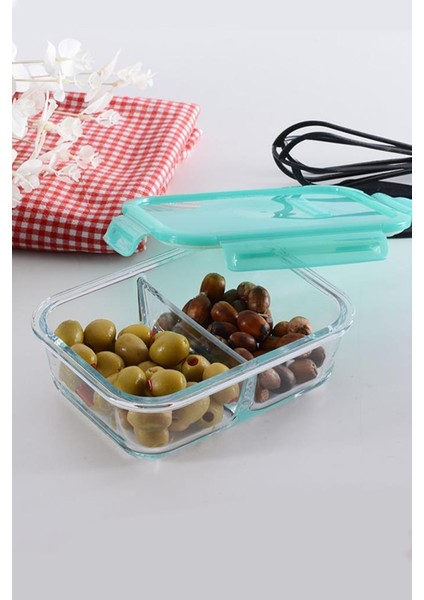 Cam Kelepçeli Bölmeli Vakumlu Saklama Kabı Yeşil 630 cc 2'li