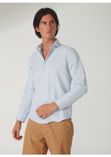 Slim Fit Klasik Yaka Armürlü Mavi - Buz Erkek Gömlek GM2024700404