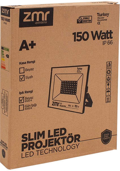 Zmr 150 Watt Beyaz 6500K IP66 150* Işık Açısı 220 Volt Siyah Slim Kasa LED Projektör