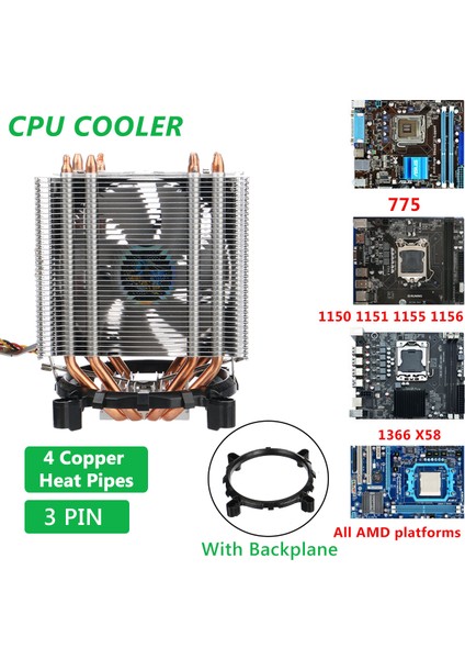 Bilgisayar Araçları Cpu Soğutucu 3pin 4 Boru 10CM Sessiz Hava Soğutucu Soğutma Fanı Pc Işlemci Masaüstü (Yurt Dışından)