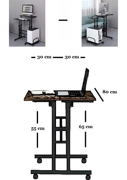 Yükseklik Ayarlı Bilgisayar/laptop ve Çalışma Masası - Ceviz 80X60 (Tekerli ve Kasalıklı)