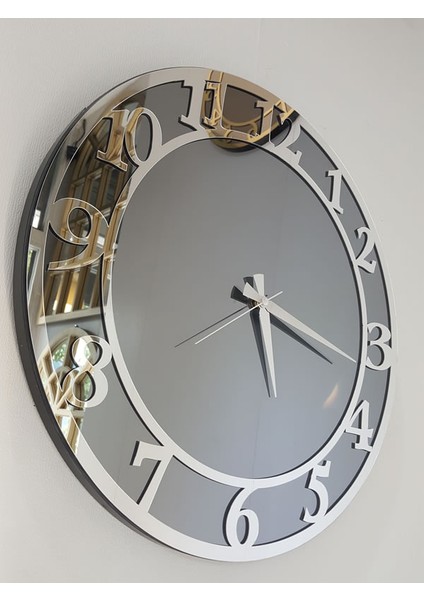 Silver Matris Smoked Model Gümüş Füme Renk 50 Cm Dekoratif Aynalı Duvar Saati