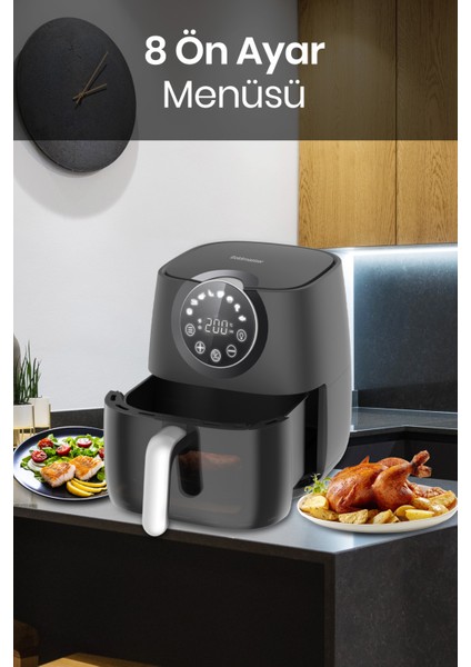 Freefry 1700W Xl Dokunmatik 8 Ön Ayarlı Cam Kapaklı Hazne Aydınlatmalı Airfryer Sıcak Hava Fritözü