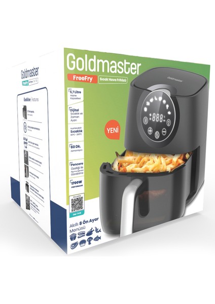 Freefry 1700W Xl Dokunmatik 8 Ön Ayarlı Cam Kapaklı Hazne Aydınlatmalı Airfryer Sıcak Hava Fritözü