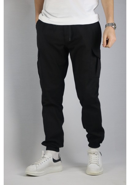 Siyah Erkek Oversize Jogger Bel Ve Paça Lastikli Kargo Cepli Pantolon