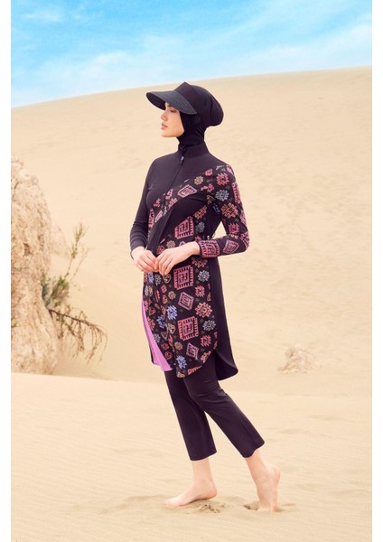 Anadolu Koleksiyonu A Pile Detaylı Siyah Jileli 5 Parça Tesettür Mayo Takımı