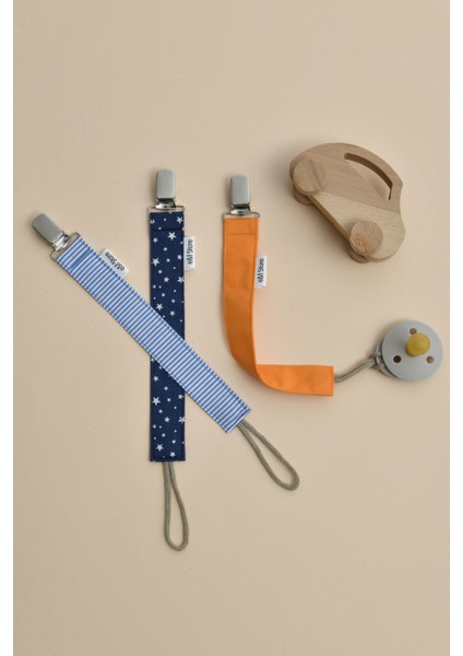 Çizgili - Yıldızlı - Turuncu 3'lü Emzik Zinciri Seti - Emzik Tutacağı - Bebek Hediyesi
