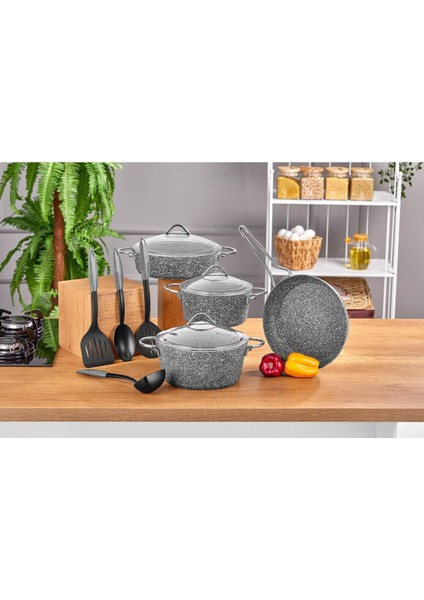 Grand 11 Parça Granit Tencere Seti Gri