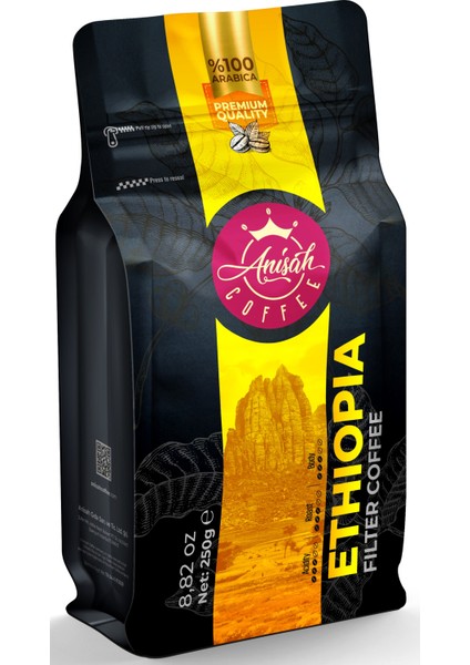 Etiyopya Filtre Kahve 250gr Kağıt ve Metal Filtre Öğütümlü %100 Arabica, Orta Kavrum
