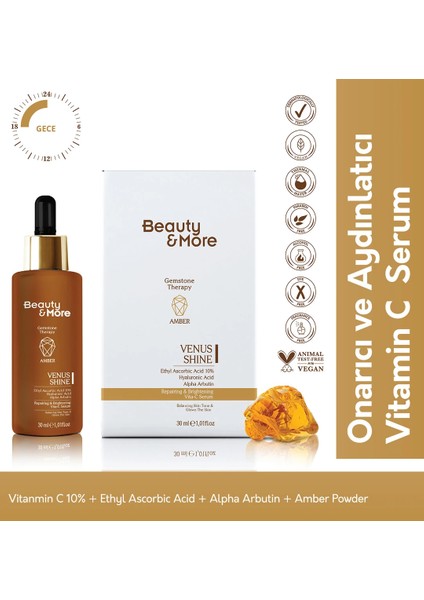 Amber Venüs Shine Onarıcı ve Aydınlatıcı Vitamin C Serum 30 ml Vit C 10%+ Ethyl Ascorbic Acid + Alpha Arbutin + Amber Powder