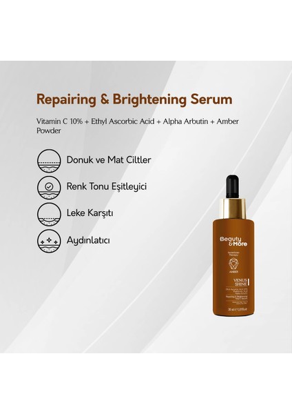 Amber Venüs Shine Onarıcı ve Aydınlatıcı Vitamin C Serum 30 ml Vit C 10%+ Ethyl Ascorbic Acid + Alpha Arbutin + Amber Powder