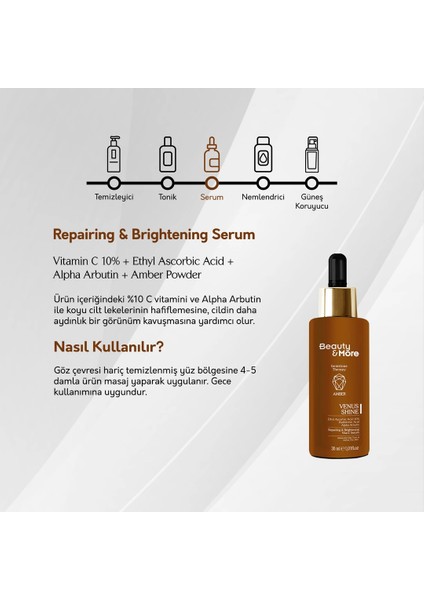 Amber Venüs Shine Onarıcı ve Aydınlatıcı Vitamin C Serum 30 ml Vit C 10%+ Ethyl Ascorbic Acid + Alpha Arbutin + Amber Powder