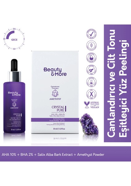 Ametist Crystal Pure Canlandırıcı ve Cilt Tonu Eşitleyici Yüz Peeling Serumu 30 ml AHA 10% + BHA 2%+ Salix Alba Bark Extract+ Ametist Powder