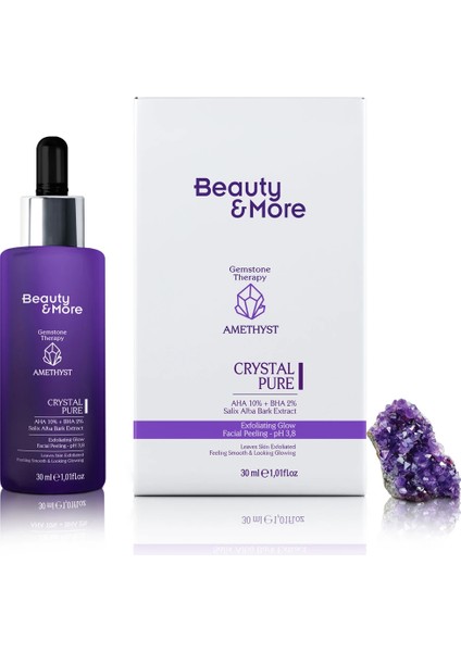 Ametist Crystal Pure Canlandırıcı ve Cilt Tonu Eşitleyici Yüz Peeling Serumu 30 ml AHA 10% + BHA 2%+ Salix Alba Bark Extract+ Ametist Powder