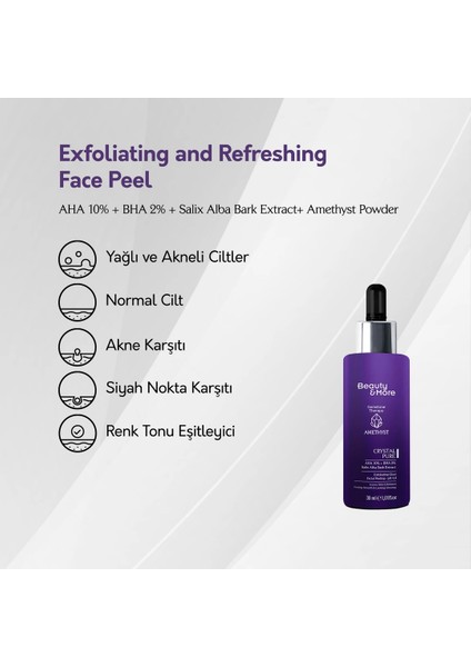 Ametist Crystal Pure Canlandırıcı ve Cilt Tonu Eşitleyici Yüz Peeling Serumu 30 ml AHA 10% + BHA 2%+ Salix Alba Bark Extract+ Ametist Powder