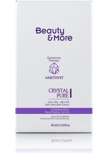 Ametist Crystal Pure Canlandırıcı ve Cilt Tonu Eşitleyici Yüz Peeling Serumu 30 ml AHA 10% + BHA 2%+ Salix Alba Bark Extract+ Ametist Powder