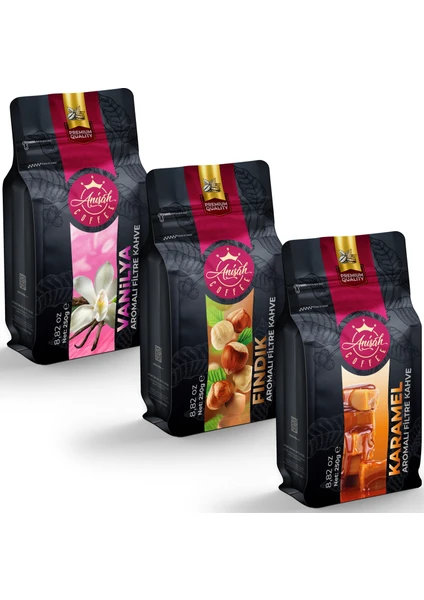 Anisah Coffee Aromalı Filtre Kahve Set 3 x 250 gr Fındık Vanilya Karamel