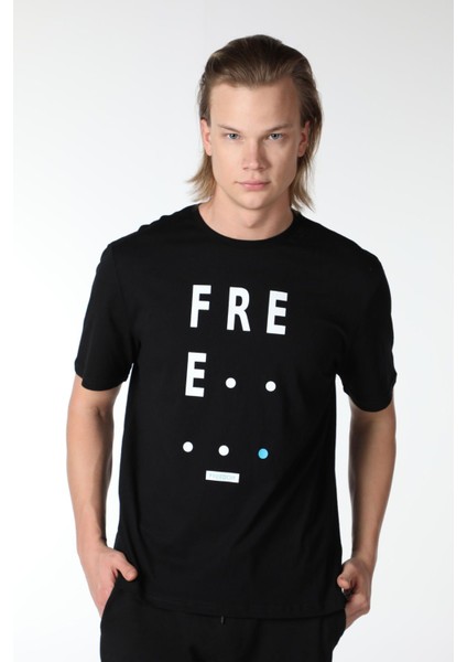 Erkek Bisiklet Yaka Kısa Kollu Regular Fit Baskılı Tişört Siyah