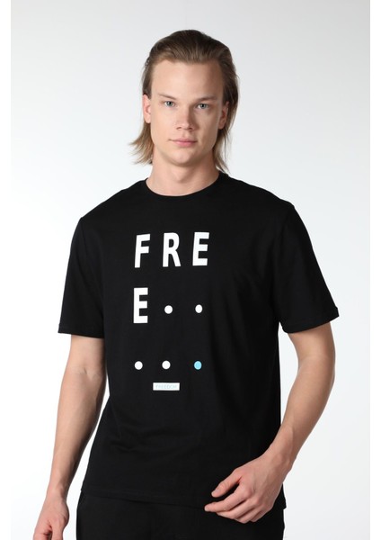 Erkek Bisiklet Yaka Kısa Kollu Regular Fit Baskılı Tişört Siyah modelleri