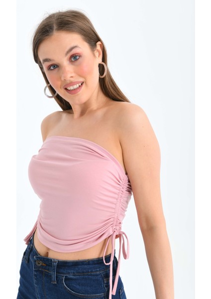 Kadın Pudra Yanları Ip ve Büzgü Detaylı Straplez Crop Bluz fırsatları