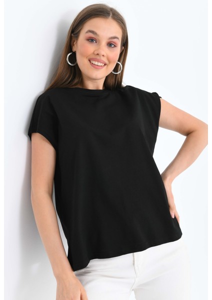 Kadın Siyah Düşük Kol Pamuklu Örme T-Shirt