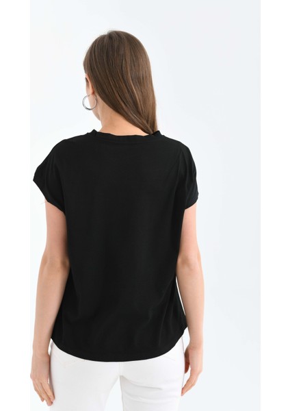 Kadın Siyah Düşük Kol Pamuklu Örme T-Shirt fiyatları