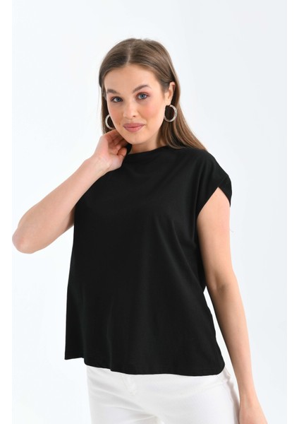 Kadın Siyah Düşük Kol Pamuklu Örme T-Shirt fırsatları