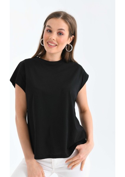 Kadın Siyah Düşük Kol Pamuklu Örme T-Shirt indirimleri